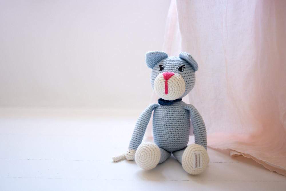 bebemoss.com stuffed animal light blue Oliver the cat handmade by moms gifts with purpose