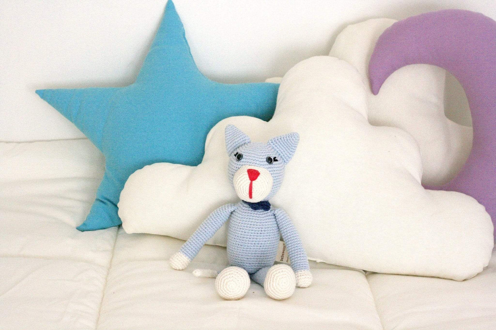 bebemoss.com stuffed animal light blue Oliver the cat handmade by moms gifts with purpose