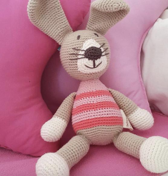 bebemoss.com stuffed animal pink stripes Petra the rabbit handmade by moms gifts with purpose