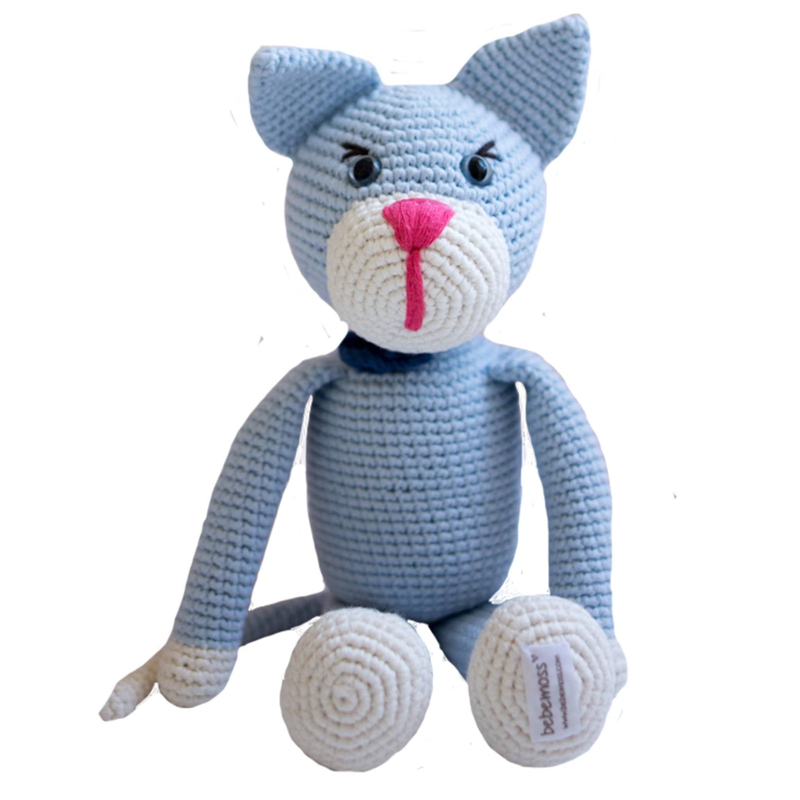 bebemoss.com stuffed animal light blue Oliver the cat handmade by moms  gifts with purpose