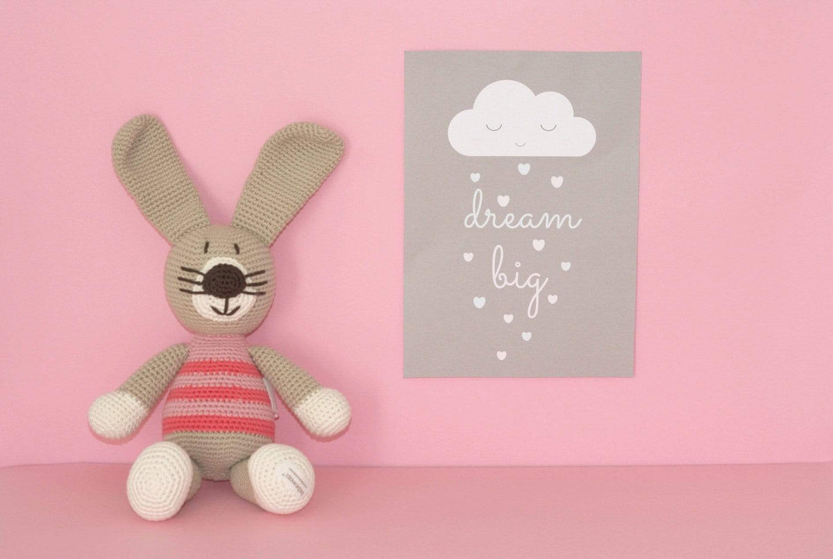 bebemoss.com stuffed animal pink stripes Petra the rabbit handmade by moms  gifts with purpose
